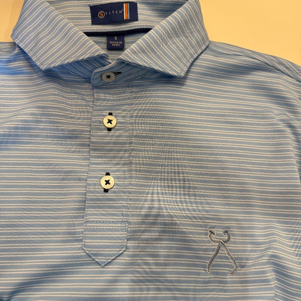 Stitch Golf Polo Light Blue Atlantic Stripe TPC Sugarloaf Members Logo Small